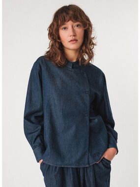 SKFK Organic Denim Shirt Mao Collar Asym Button Raw Blue NWT Size US 6 | EU  36